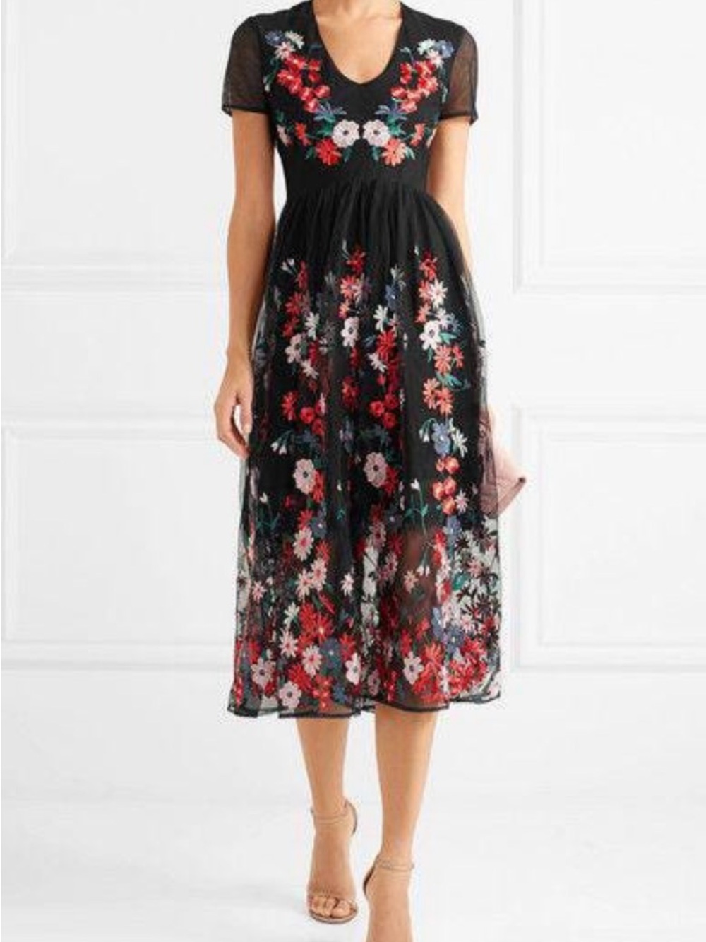 Maje Black Floral Midi Dress (size 36)